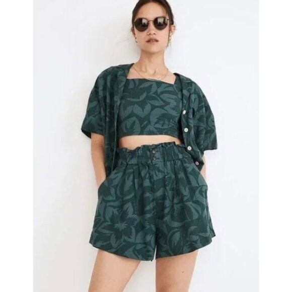 Madewell Dark Green Tropicale Floral Linen-Blend Pull-On Paperbag Shorts S - Picture 2 of 6